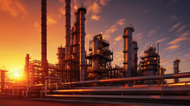 oil refinery plant form industry zone with sunrise and cloudy sky. equipment steel pipes plant. Generative Ai