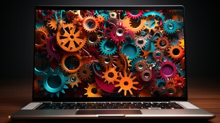opened blank laptop with a dark background and interlocking coloured gears on the screen