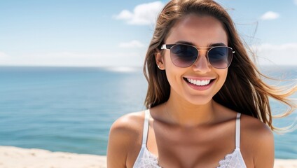 Portrait of smiling young woman in sunglasses, sea and palm trees in the background. Generative AI