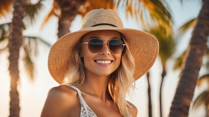 Beautiful young blond woman in hat and sunglasses, sea, palms on the background. Generative AI