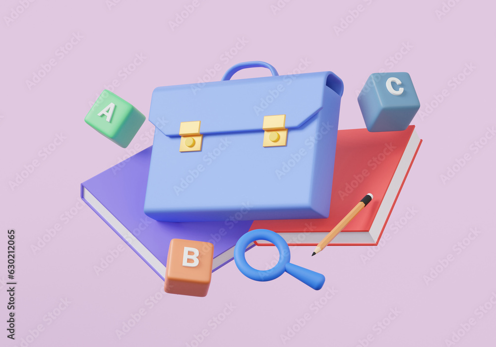 Poster minimal cartoon cute smooth schoolbag icon and search knowledge game squared colorful symbols a,b,c 