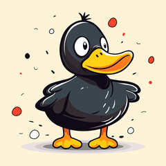 Vector Illustartion of cute black cartoon duck isolated  on background. Funny farm bird design, cartoon or comic style