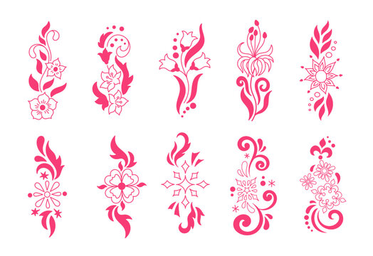 Set of flower art stickers. Decorative fashion design elements. Vector illustration.