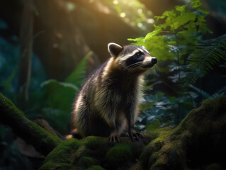 Fototapeta premium Raccoon in its Natural Habitat, Wildlife Photography, Generative AI