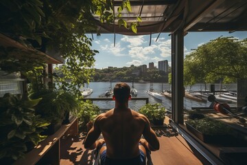 Person Using A Rowing Machine On Outdoor Gym, Generative AI