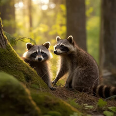 Fototapeta premium Raccoon in its Natural Habitat, Wildlife Photography, Generative AI