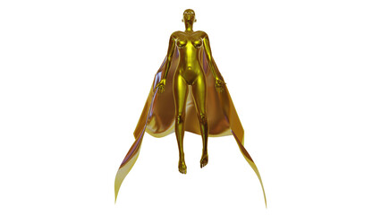 Superhero with cape. Superheroine. Female Super hero with flowing cape. Golden Superheroine. Gold woman with cape flowing behind her body. 3d render illustration.