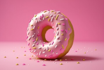 Donuts with pink icing and colorful sprinkles of sugar. On a pink background. generative ai