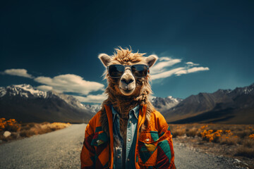 Alpaca with sunglasses and jacket on a road in the mountains, travel and wanderlust concept, surreal animal character in south america, generative AI