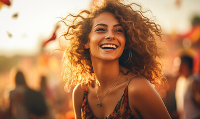 Happy Blonde Woman at Music Festival: Joyful Portrait