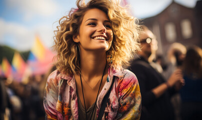 Portrait of a happy young blonde woman having fun on a music festival