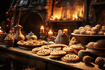 Naklejka premium Variety of christmas cookies, sweets with star anise and cinnamon, traditional holiday baking, homemade gingerbread, generative AI