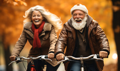 Obraz premium Cycling in Fall: Happy Senior Couple Outdoors