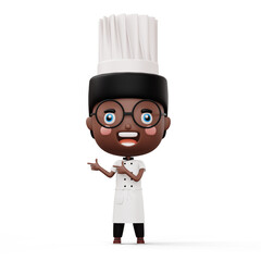 Happy kid chef wearing chef uniform pointing finger, 3d rendering