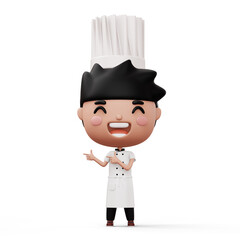 Happy kid chef wearing chef uniform pointing finger, 3d rendering