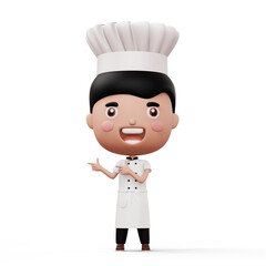 Happy kid chef wearing chef uniform pointing finger, 3d rendering