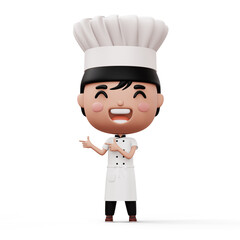 Happy kid chef wearing chef uniform pointing finger, 3d rendering