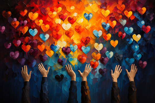 People reach their hand to colorful hearts in the sky, volenteer and humanitarian help concept, charity and friendship, support teamwork, generative AI
