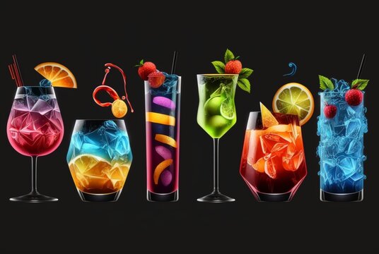 Set of various cocktails on a black background. generative ai