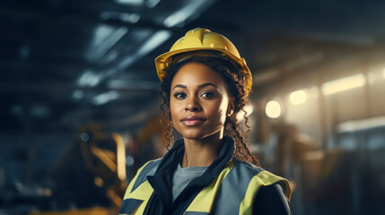Portrait of a professional young female industry engineer or worker wearing a safety uniform and a hard hat.
