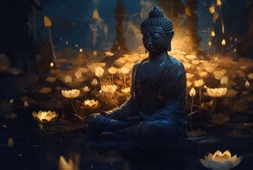 Poster glowing Lotus flowers and gold buddha statue, generative AI   © Kien