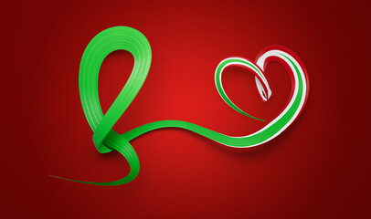 3d Flag Of Burundi Heart Shaped Shiny Wavy Awareness Ribbon flag On Red Background 3d illustration