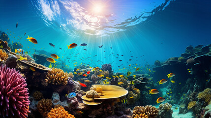 An underwater wonderland, with colorful coral reefs and schools of tropical fish surrounding a diver 