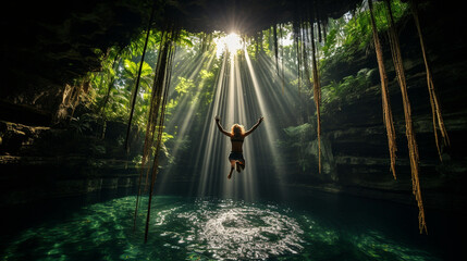 A daring cliff diver leaping into a crystal-clear cenote, surrounded by lush greenery  - obrazy, fototapety, plakaty