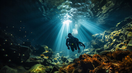 A free diver gliding effortlessly through an underwater cave, illuminated by their diving torch 