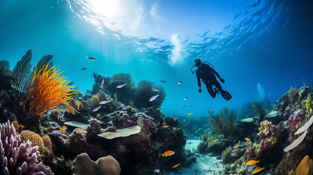 An underwater wonderland, with colorful coral reefs and schools of tropical fish surrounding a diver 