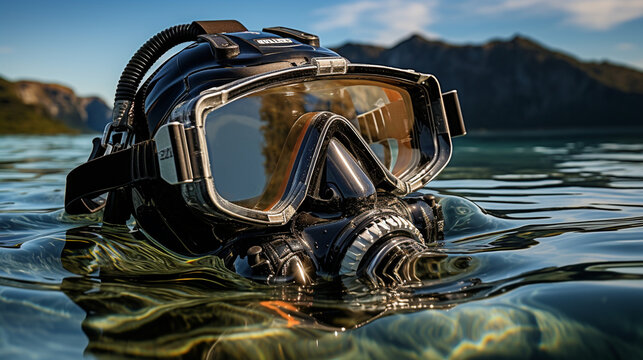 A close-up of a scuba diver's equipment, reflecting the clear blue waters above 