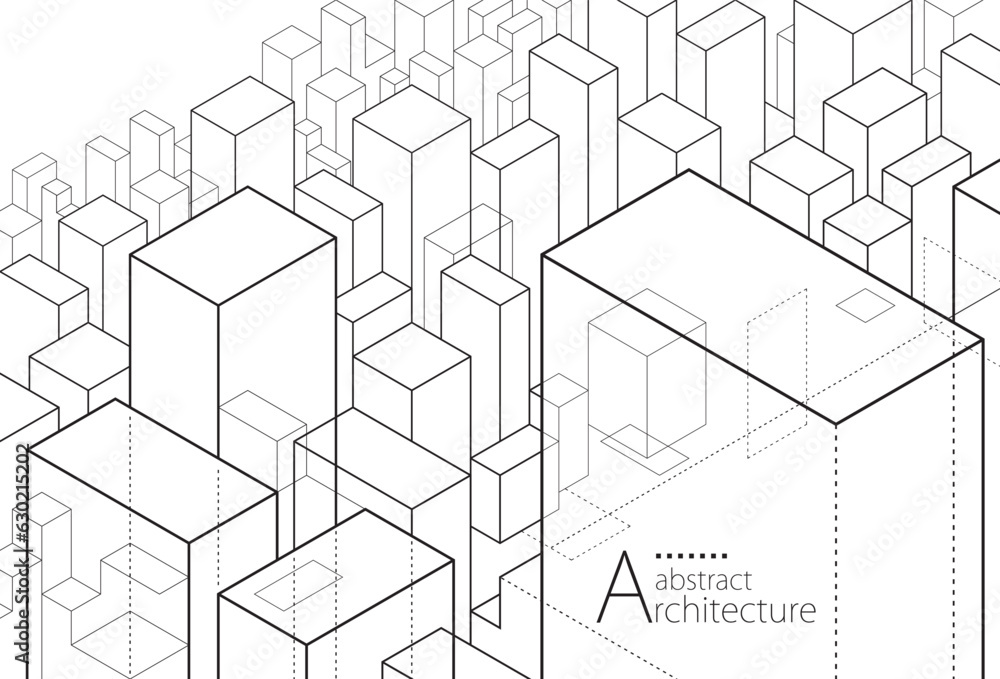 Poster 3d illustration of abstract architectural building perspective design. background line drawing of a 