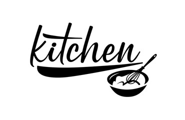 Kitchen. Vector logo. Design for poster, flyer, banner, menu cafe. Hand drawn calligraphy quote text. Typography kitchen logo icon. Signboard kitchen word.