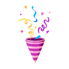 Party popper confetti clapper cracker burst flat. Pink cartoon holiday surprise explosion paper confetti ribbon firework squib firecracker colorful icon birthday card surprise event greeting isolated