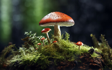 Fototapeta premium Fly mushrooms with moss in the forest