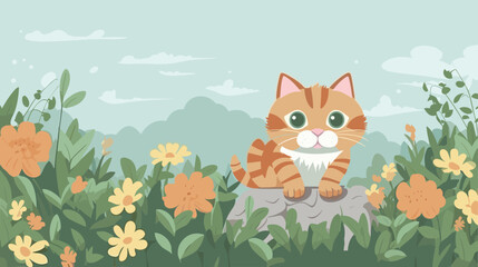 Fototapeta premium Cat baby and flower field Vector illustration.