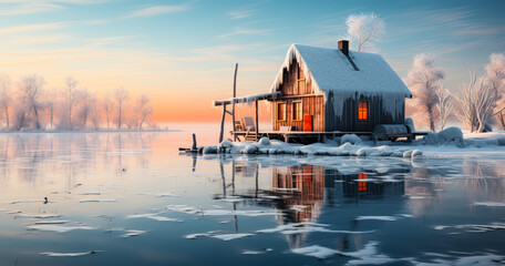 Obraz premium Frozen Lake Adventure: Ice Fishing Shelter