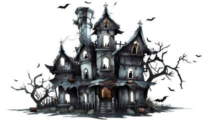Fototapeta na wymiar Haunted house with bats flying around under the full moon, Halloween haunted house, spooky mansion, haunted mansion, bats at night