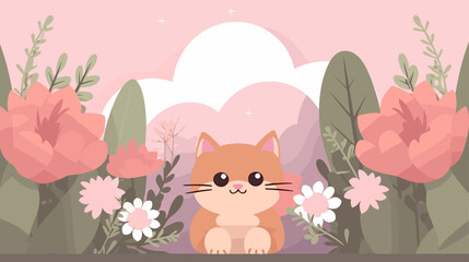 Cat baby and flower field Vector illustration.