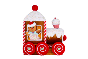 Cookie gingerbread. cookie man in cookie locomotive, christmas velvet soft toy isolated on white background with clipping path. new year home decoration, close up