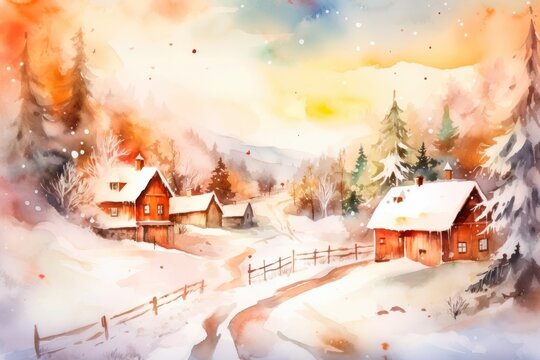 Watercolor winter village with trees isolated on white background. Christmas card. winter Christmas village on snowy forest background. Hand drawn watercolor illustration