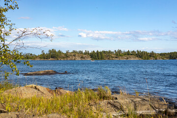 View of the lake surface from the island in the wild
