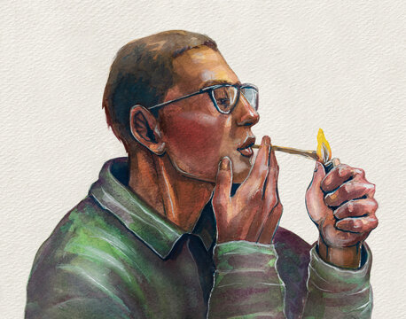 A man smokes a cigarette with marijuana. Legalize watercolor painting.