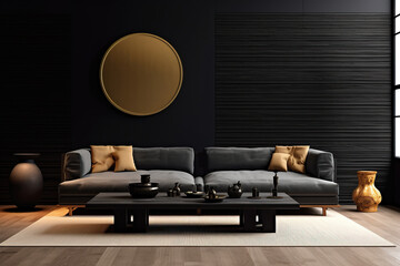 A minimalistic black interior design featuring a cozy couch with armrests, a loveseat, pillows, and a coffee table, creating a perfect balance of comfort and style in any living room