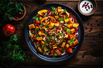 overhead shot of a colorful, hearty autumn salad with roasted squash, pomegranate seeds, and a vinaigrette dressing on a rustic wooden table