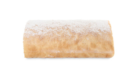 Delicious sponge cake roll on white background