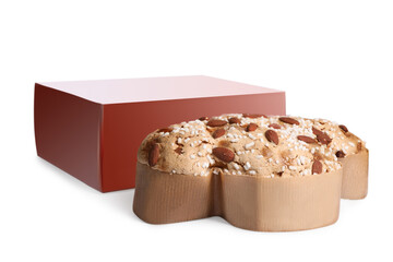Cardboard box and delicious Italian Easter dove cake (Colomba di Pasqua) on white background