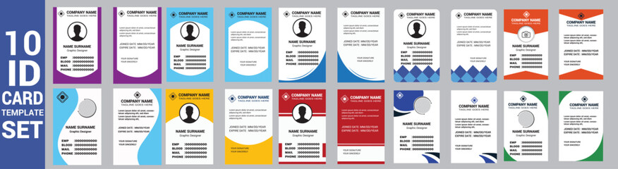 set of 10 Mega collection corporate business id card design template. business id card. id card bundle. Company employee id card set template