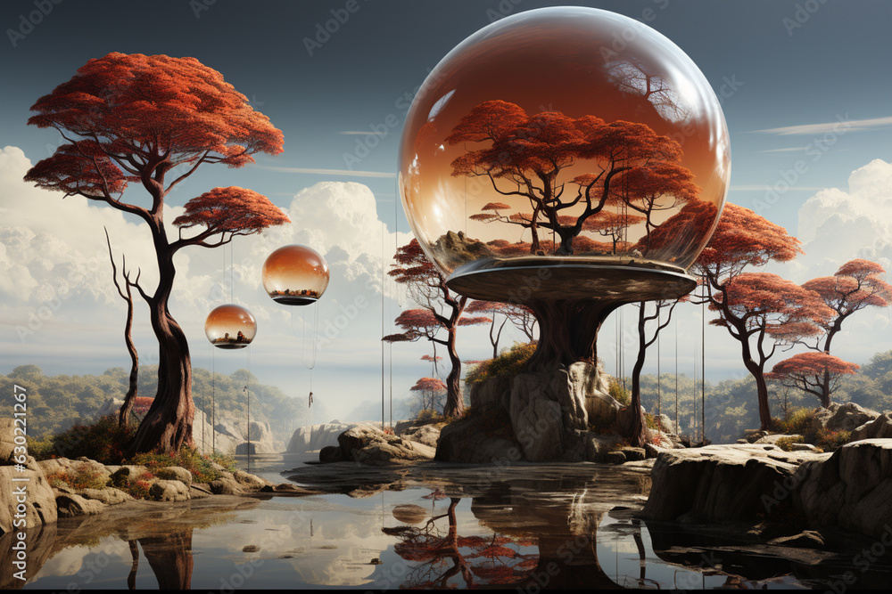 Aufkleber A surreal landscape with floating objects, levitating trees, and distorted perspectives, suggesting the malleability of reality in dreams.  Generative AI technology.
