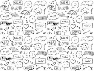 Seamless pattern with omic style elements and speech bubbles, doodle style hand drawn vector illustration